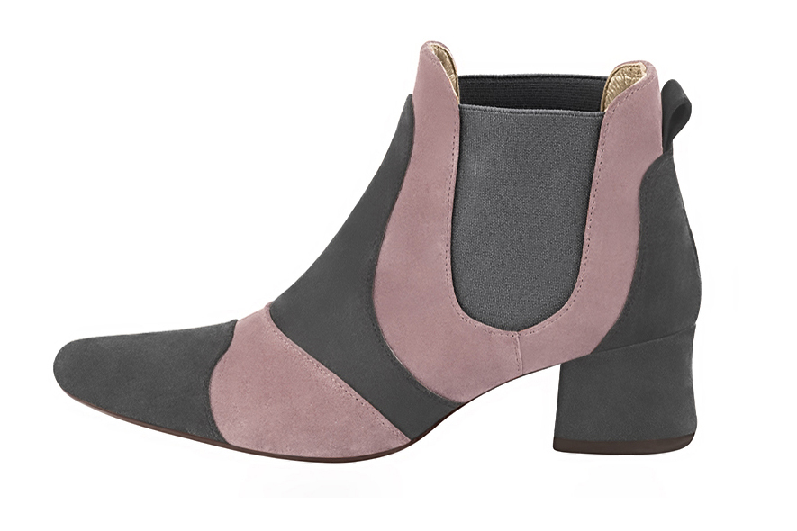Dark grey and dusty rose pink women's ankle boots, with elastics. Round toe. Low flare heels. Profile view - Florence KOOIJMAN